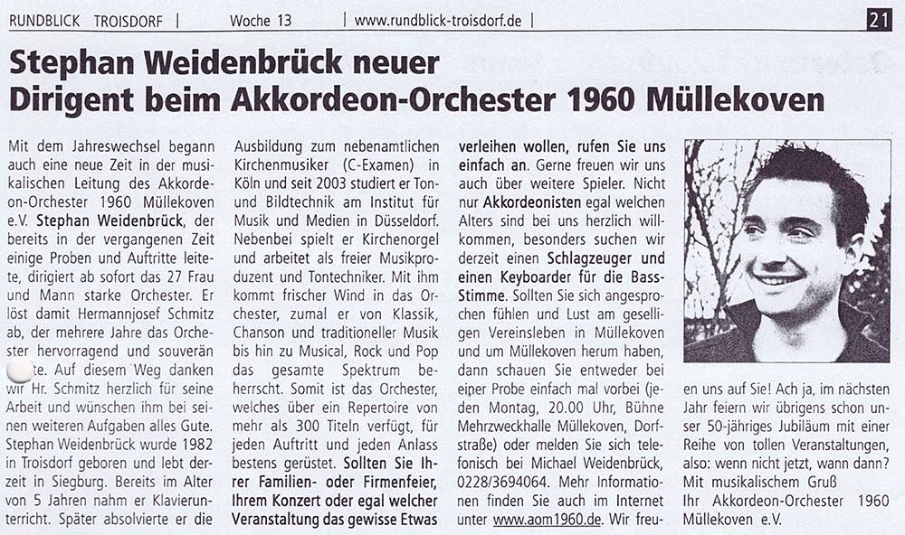 Stepan Weidenbrück neuer Dirigent beim Akkordeon-Orchester 1960 Müllekoven